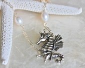 Sterling Silver, Cultured Freshwater Pearl, and Seahorse Necklace - Ready to Ship