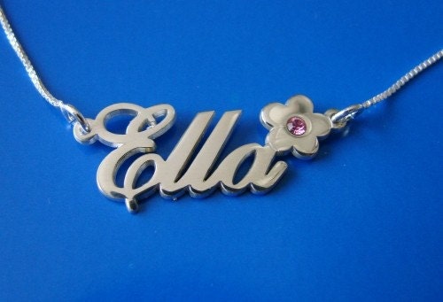 Name Necklace with flower with Swarovski Birthstone, double thick silver, names up to 13 letters