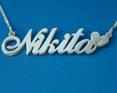 Custom Name Necklace with Swarovski Birthstone and Heart, double thick silver, names up to 13 letters