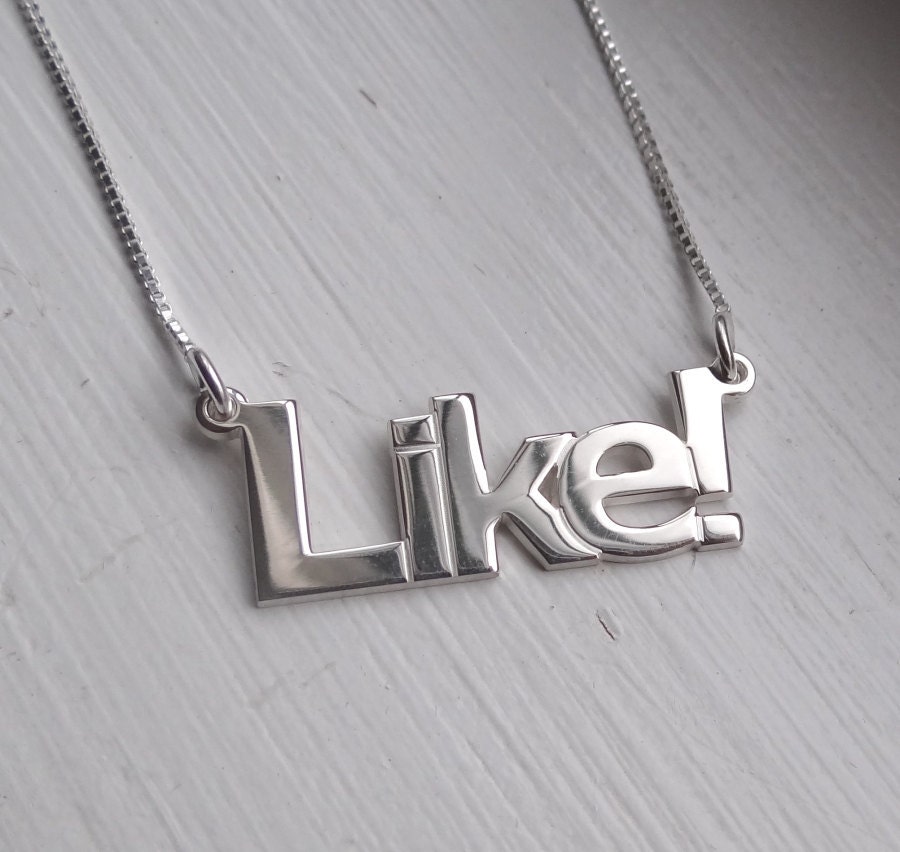 Double Thick Facebook LIKE Name Necklace with Any Name up to 13 Letters, solid sterling silver, perfectly cut and polished, verdana font