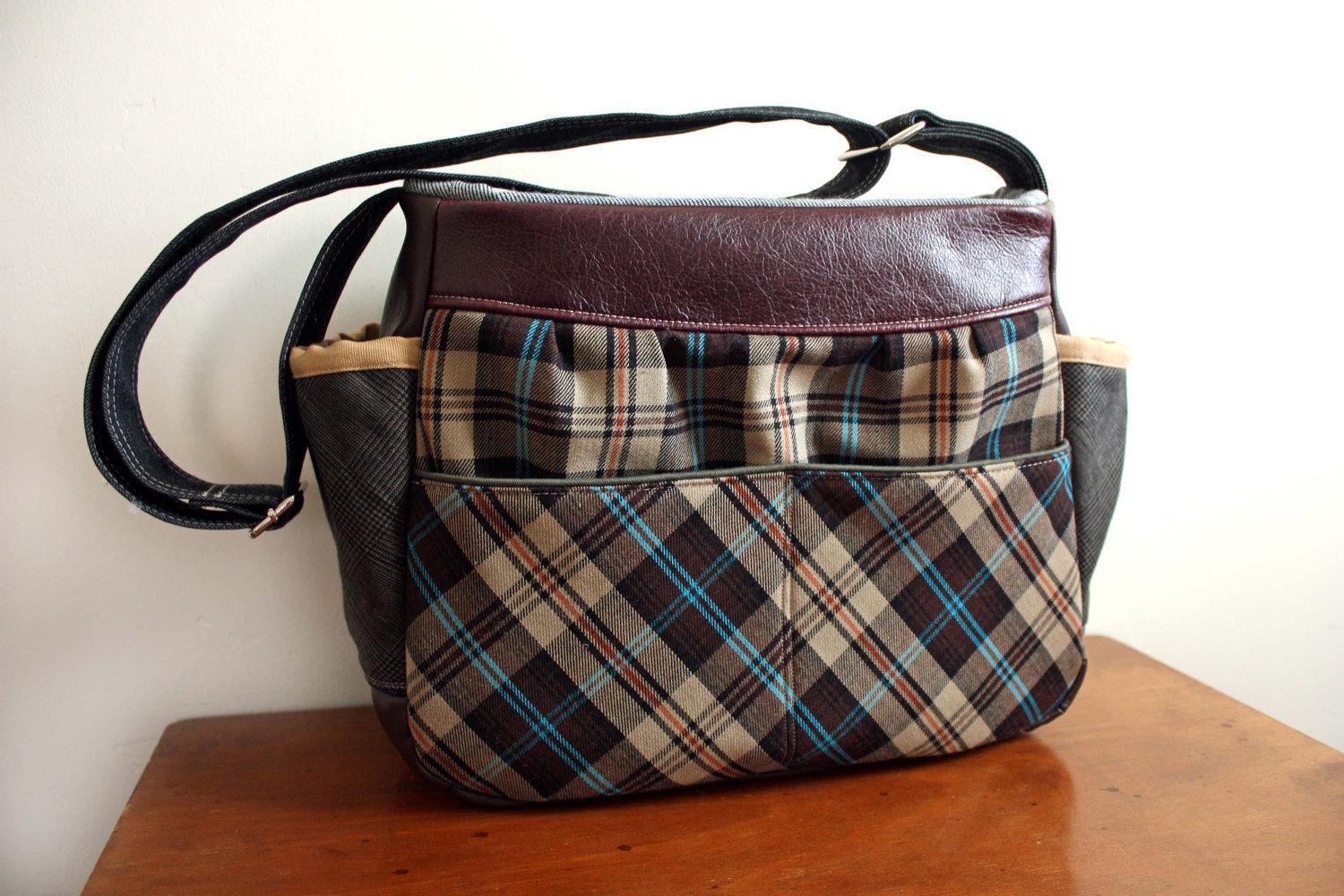 DSLR Unisex Camera bag/ Tote in Cotton Plaid/Linen w/ Vegan leather trim-- Ready to Ship--