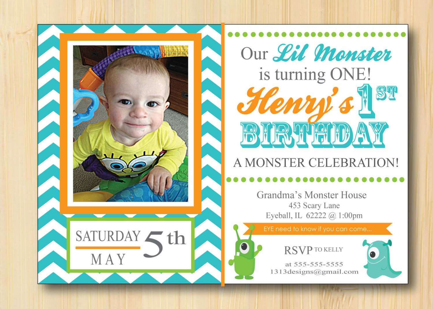 Little Monster 1st Birthday Invitations Chevron -  Set of 25 with Matching Envelopes