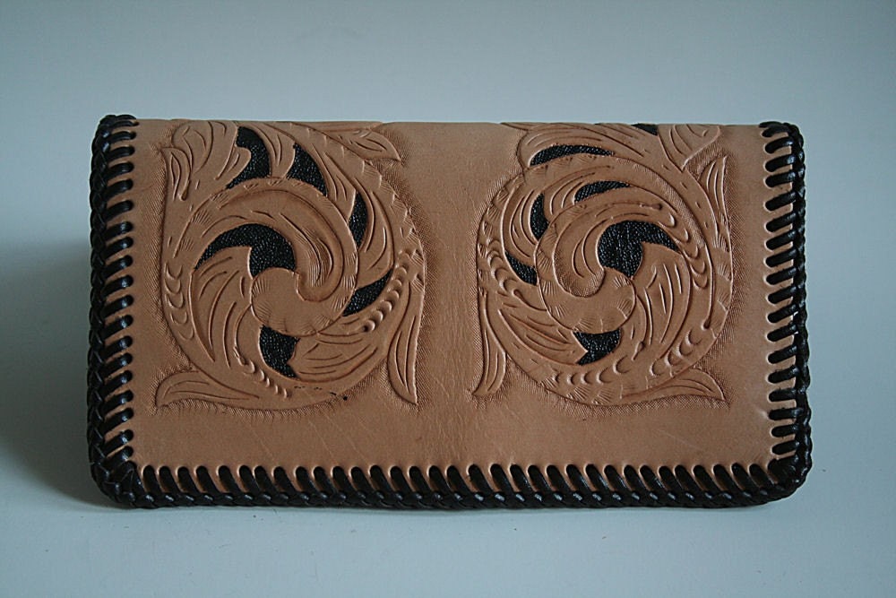 Leather hand tooled and dyed checkbook cover floral