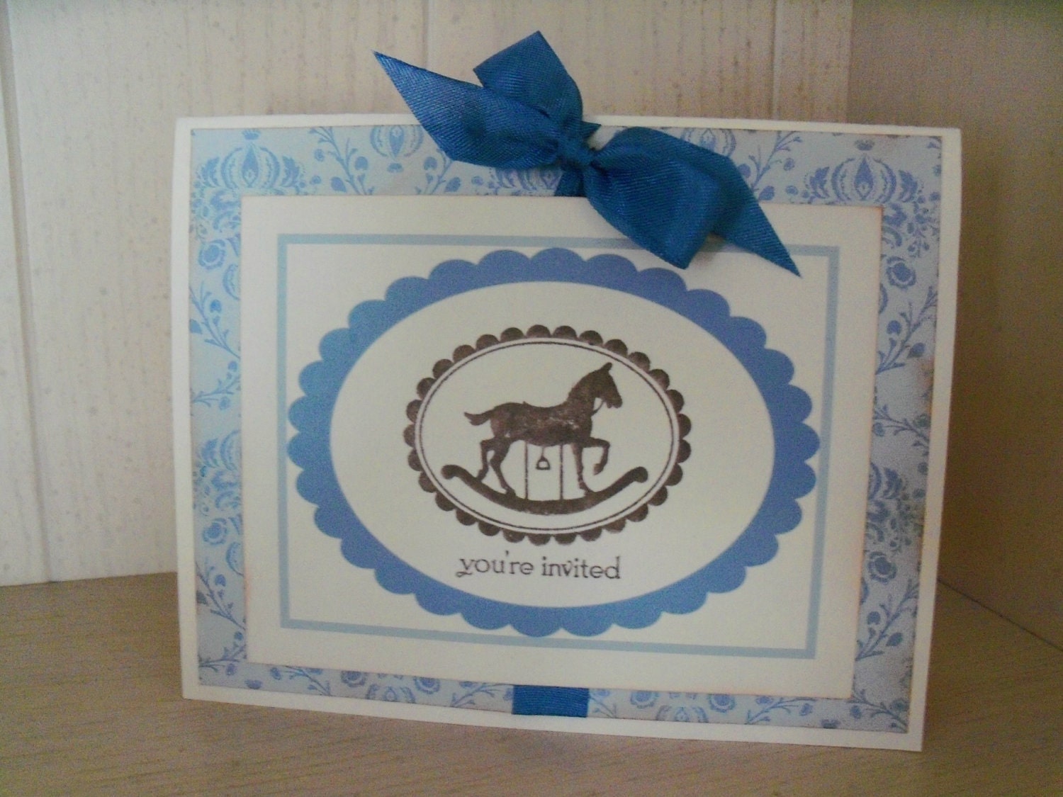 Blue and Cream It's A Boy Party Invitation Fold Over Card...Birthday Invitation..Rocking Horse