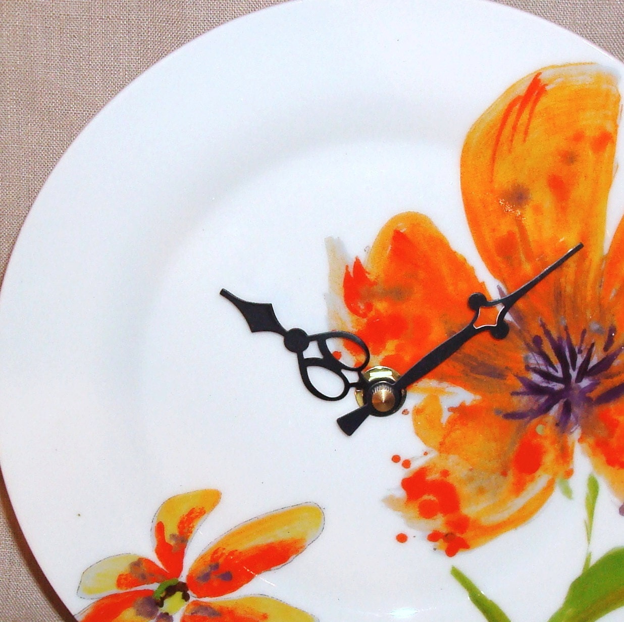 ON SALE - Wall Clock - Orange Flower on White Porcelain Plate Wall Clock No. 829 (8 inches)