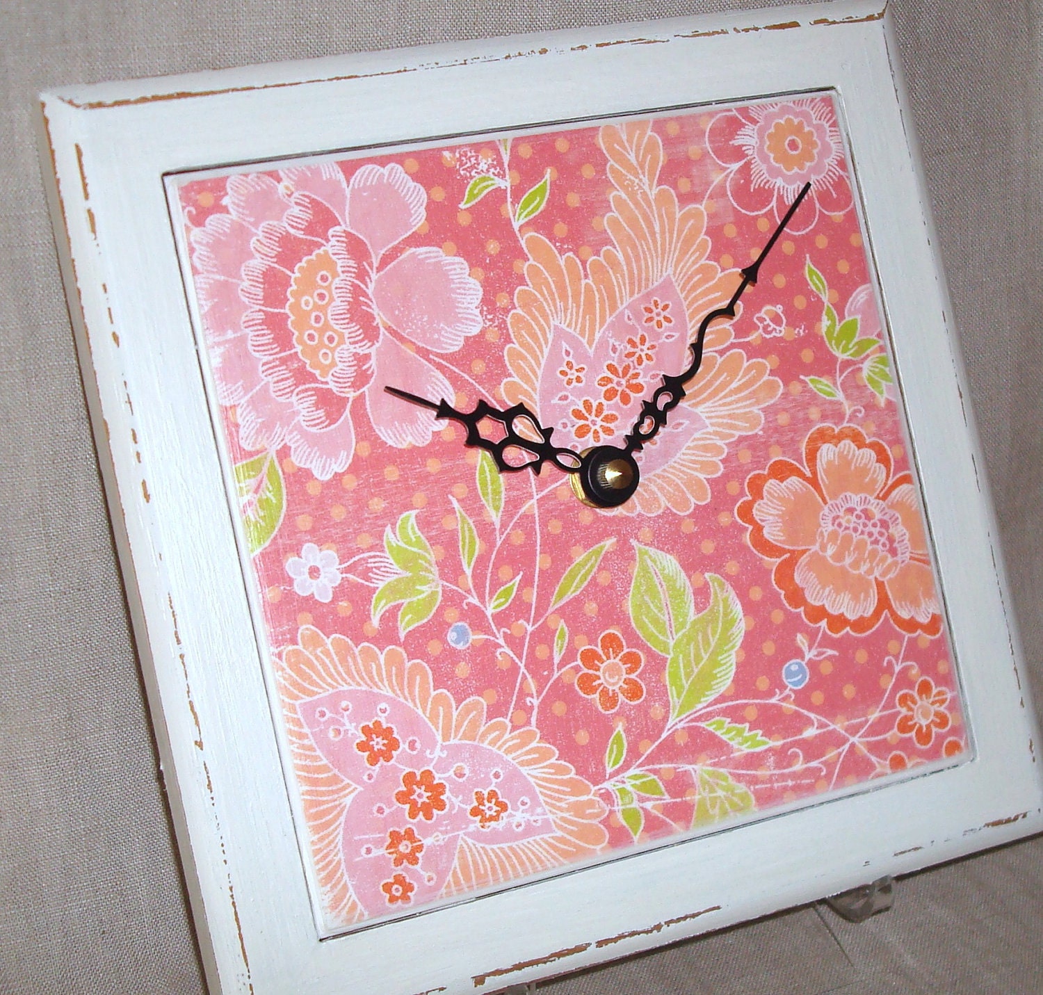 8 Inch Wall Clock, Pink and Coral Wall Clock, Floral Clock, Ceramic Tile Clock, Home Decor, Wall Decor No. 842