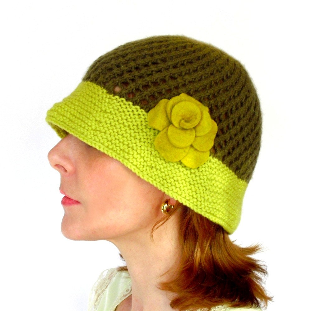 Anna Chartreuse Cloche Hat Hand Knit Lacy Olive Cashmere Merino Wool