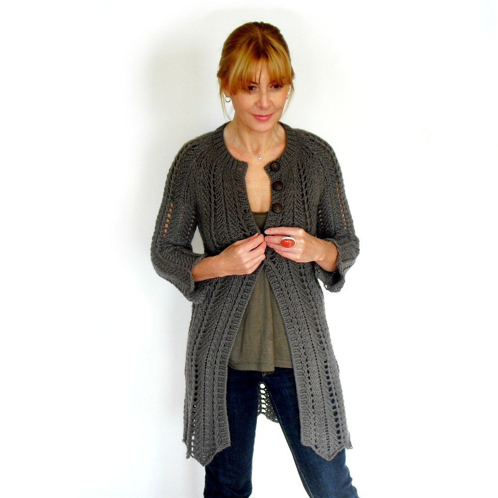 Taupe Sweater Coat Angela Lace Hand Knit Brown Wool