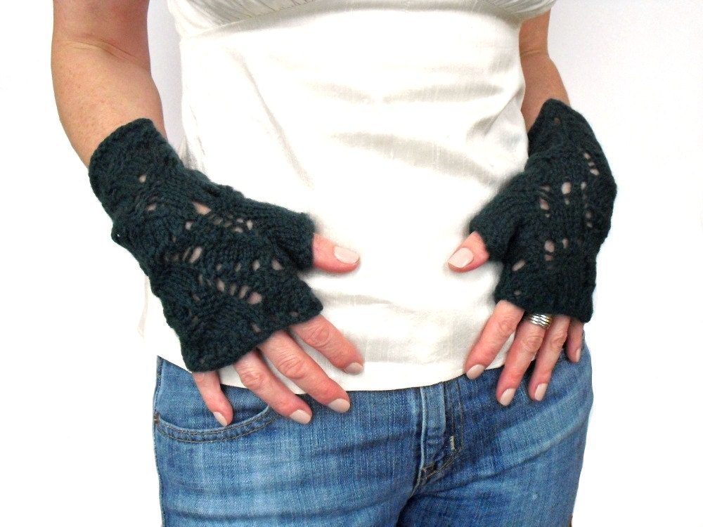 Green Fingerless Mittens Irene Lace Gloves Hand Knit Merino Wool