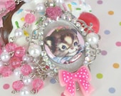 Vintage Kitty Cat Cameo Necklace OOAK....kitty, cat, hearts, pink, rhinestone, crystal, bow, sparkle, glitter, pearls, white, ornate, filig