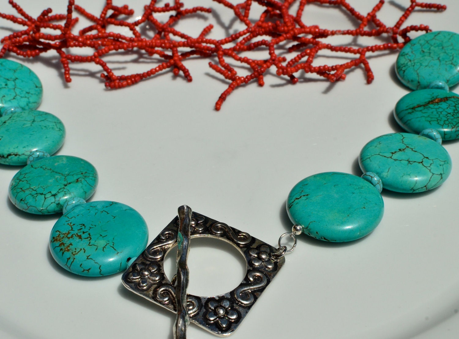 Turquoise and Coral Inspired Statement Necklace