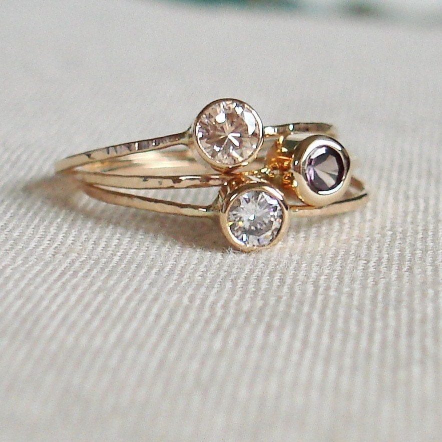 Choose Three Stones - Sparkling Threads of Gold - Set of Three Hammered Stacking Rings 14k Gold Set Faceted Stones - Delicate Jewelry