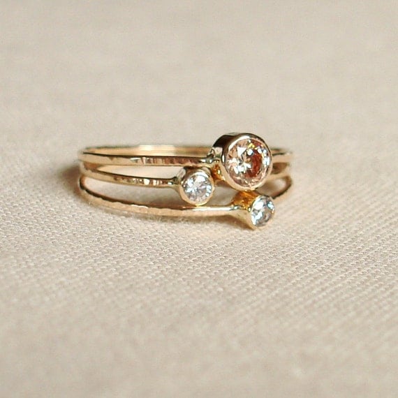 Choose Three Stones for your Sparkling Threads of Gold - Set of Three Tiny Stack Rings with 14k Gold Set Faceted Stones - Delicate