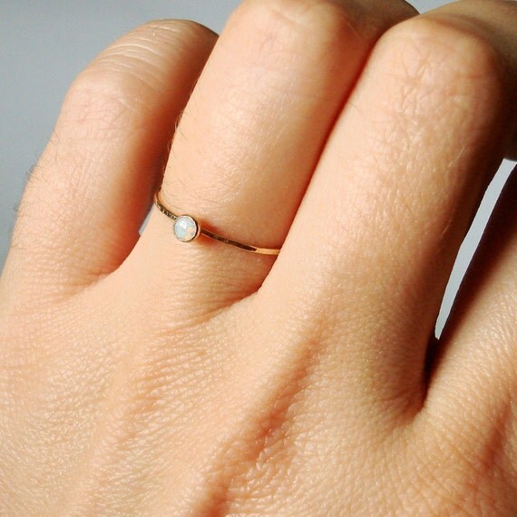 White Opal on a Thread of Gold - Simple Stacking Ring - Flashing Colors in a Tiny Fiery Stone - Delicate Jewelry