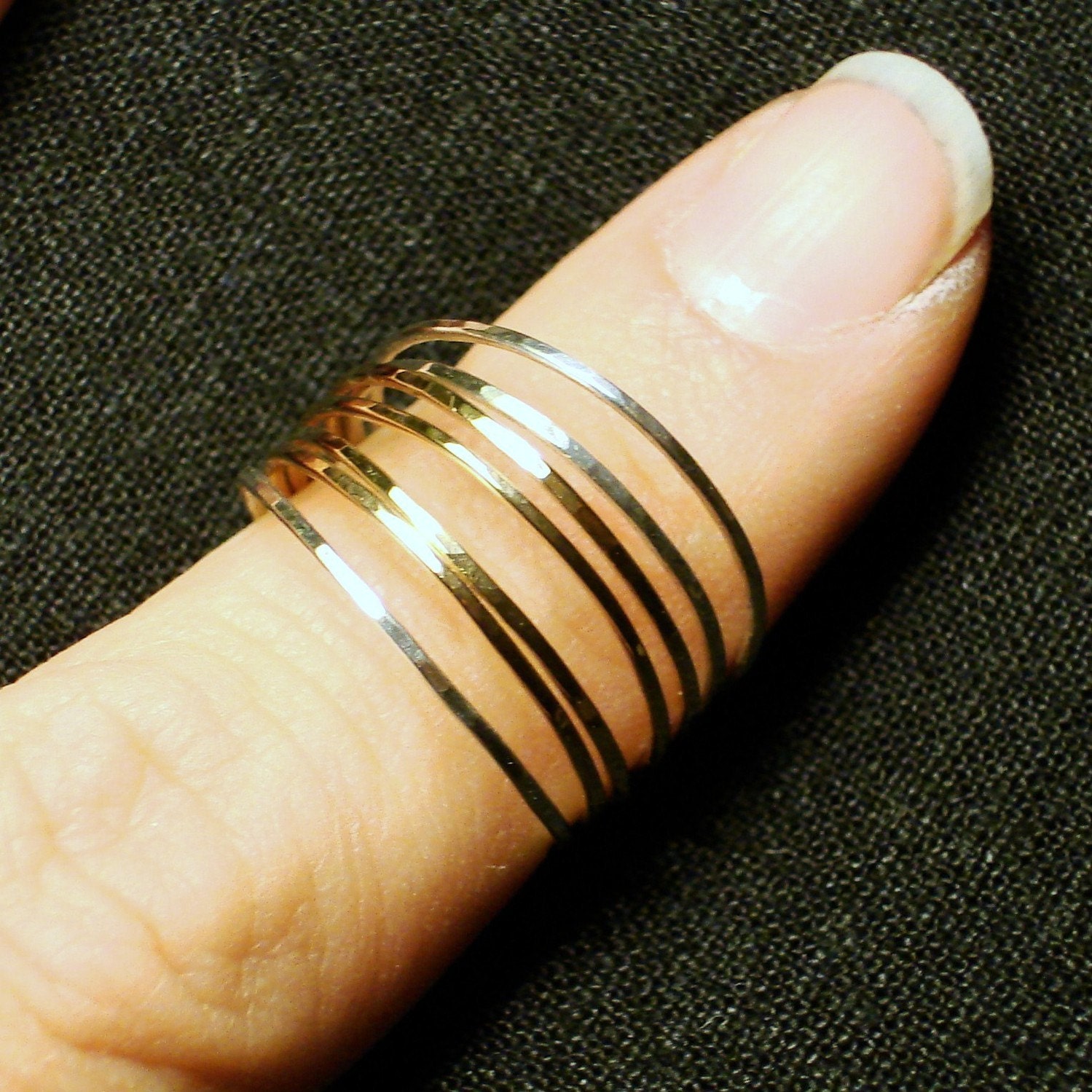 Thread of Gold - Rose or Yellow - Wavy or Straight - Tiny Halo Hammered Stack Ring - Skinny and Thin