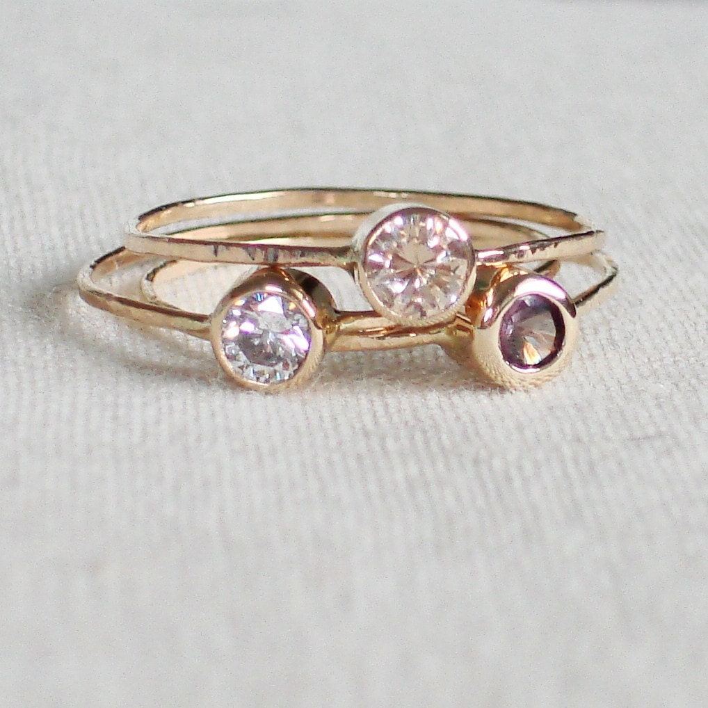 Choose Three Stones - Sparkling Threads of Gold - Set of Three Hammered Stacking Rings 14k Gold Set Faceted Stones - Delicate Jewelry