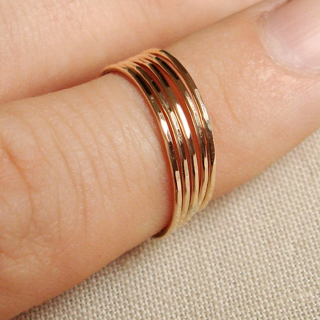 Six Golden Rings - Set of Six Threads of Gold - Tiny Hammered Stacking Rings - Delicate Jewelry