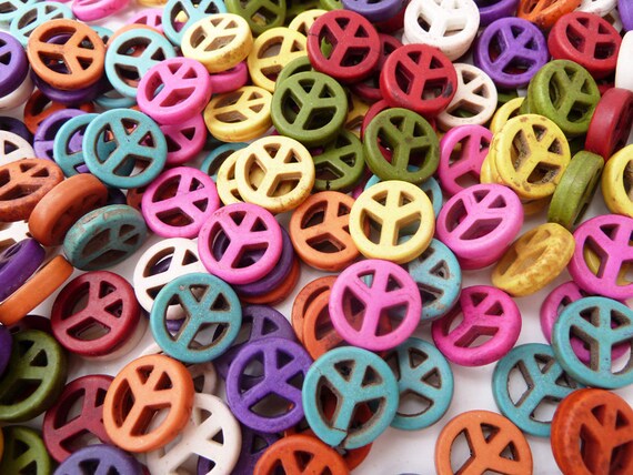 Peace Sign Beads, 15mm, 26 Beads, Mix Color  Strand, Peace Beads,  Howlite Stone,   Beads Peace Sign