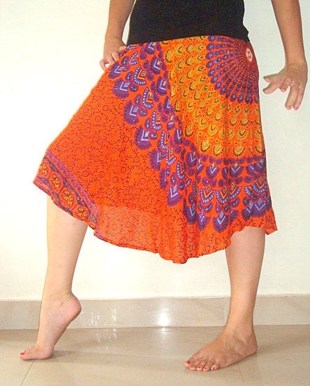 Handmade Block Print Wrap Skirt in Dont worry be Hippy...ORANGE Boho Wrap Skirt, Tribal, peacock, hippie, ECO, organic