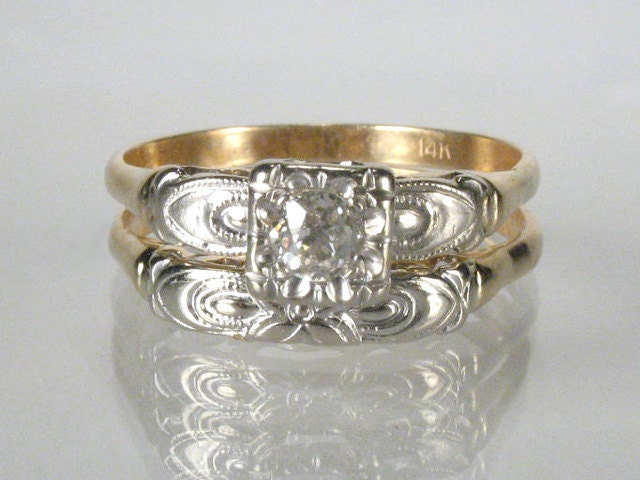 Retro Old European Cut Diamond Wedding Rings Set