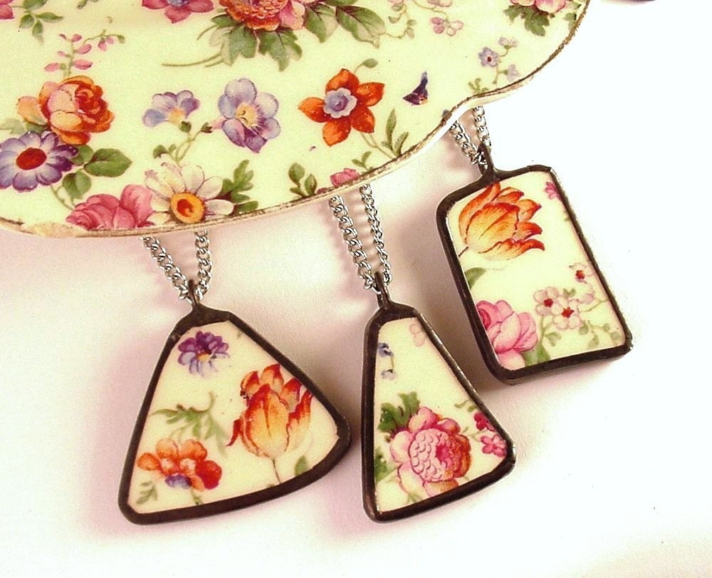 Matching Broken Plate Necklaces vintage English chintz Recycled China Broken China Jewelry