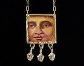 Moon Face behind beveled glass vintage inspired art necklace with glass star beads