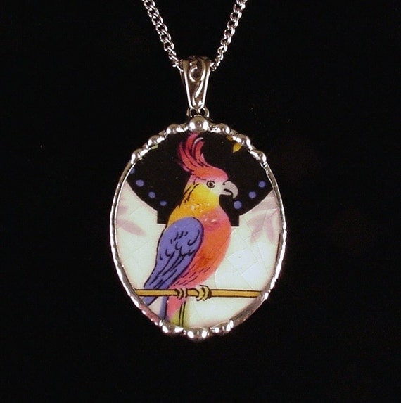 Broken china jewelry pendant necklace, oval, Art Deco parrot cockatoo colorful Vintage
