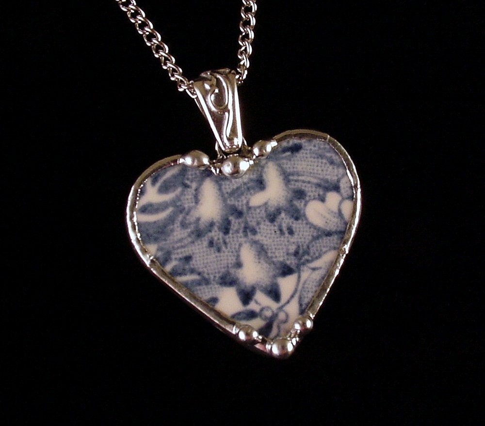 Broken china jewelry heart pendant necklace Bluebells blue toile transferware broken china