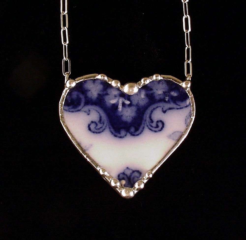 Broken china jewelry heart necklace Antique 1880's Flow Blue shamrock clover china