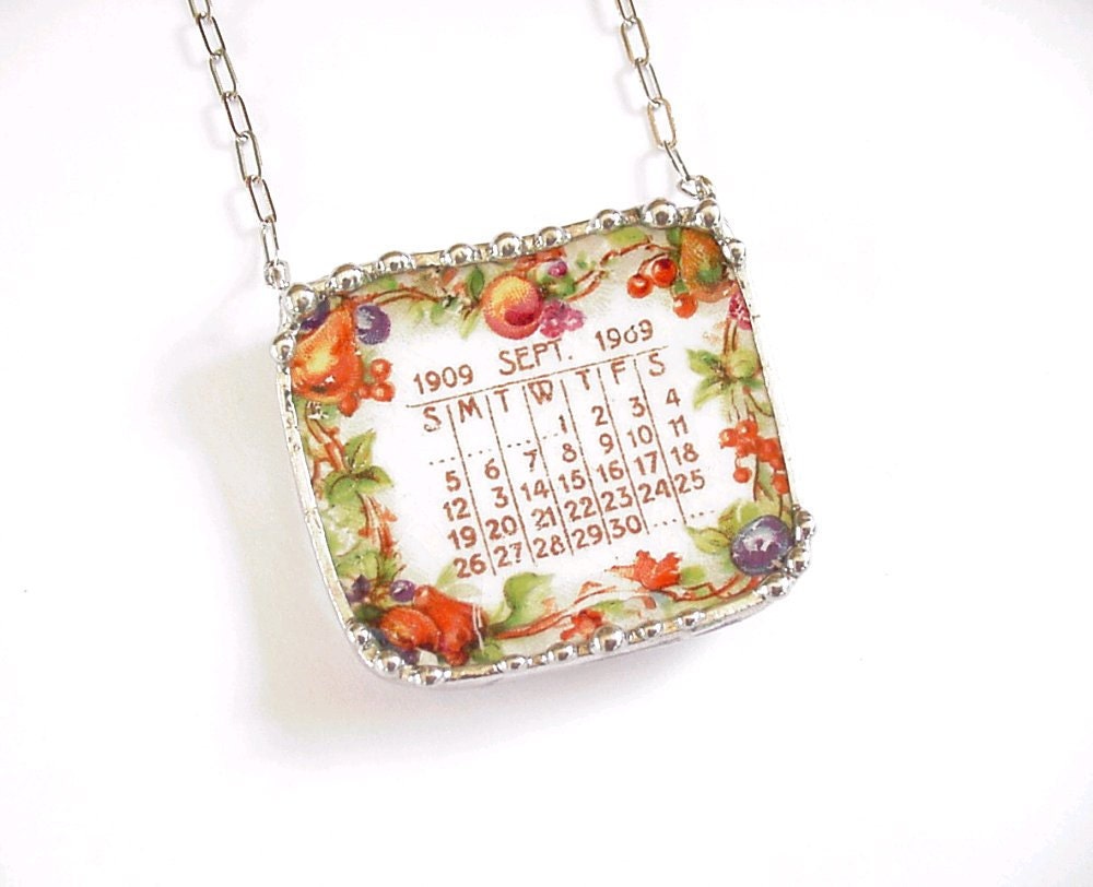 Broken China Jewelry necklace September 1909 antique calendar plate autumn birthday