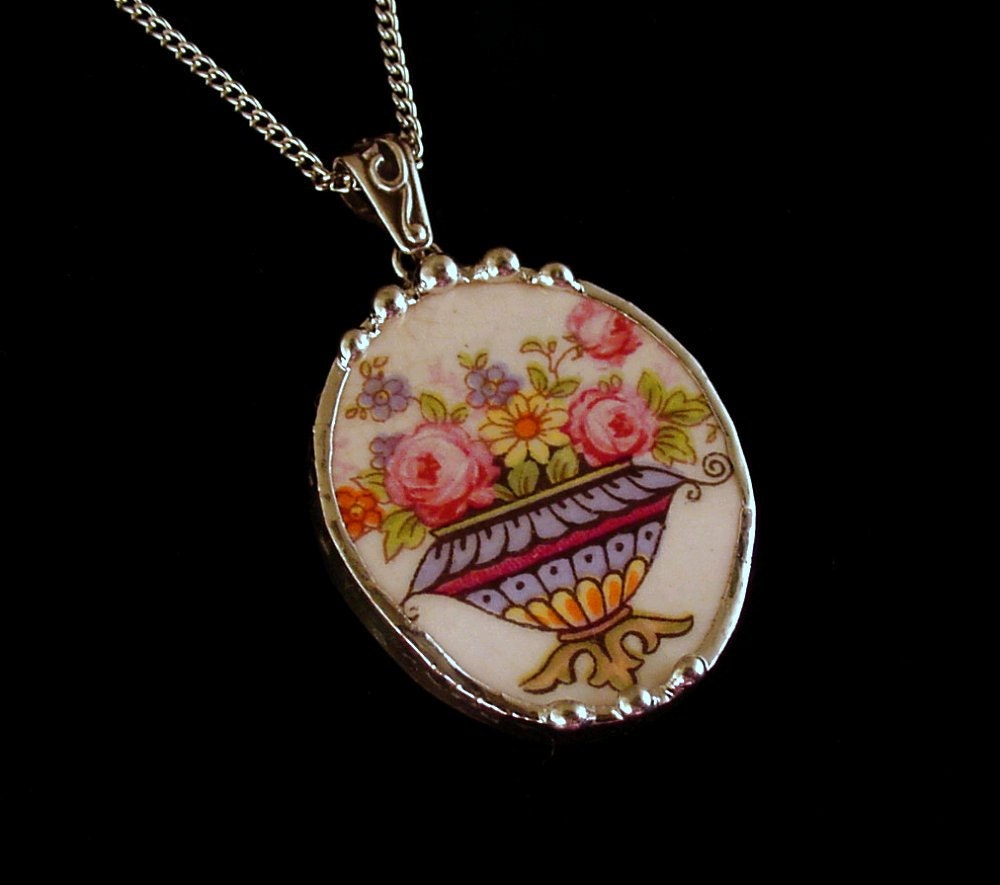 Broken china jewelry oval necklace pendant urn of roses and forget me nots antique china