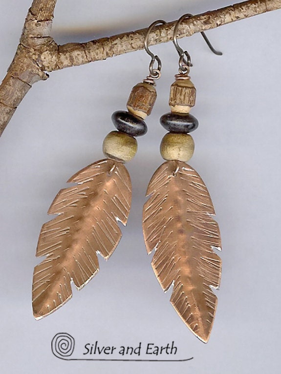 Feather Jewelry, Handmade Feather Earrings with Jasper & Wood Beads, Artisan Metalsmith Earrings, Earthy Organic Bohemian Jewelry
