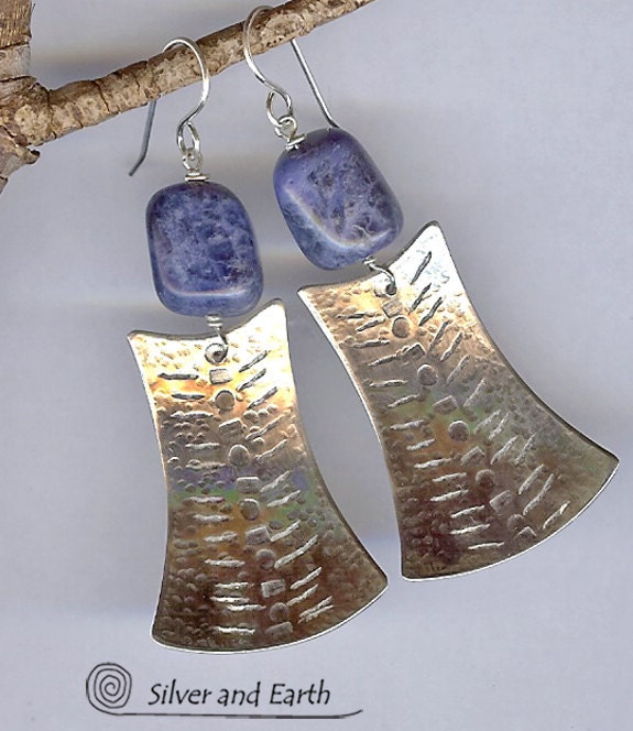 Sterling Silver Earrings with Chunky Sodalite Stones, Ethnic Tribal Jewelry, Artisan Metalwork Earrings, Silver and Blue Stone Earrings