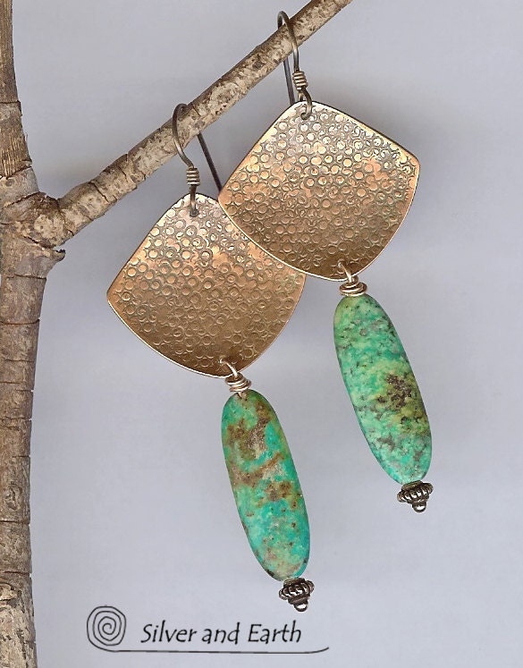 Copper Dangle Earrings with African Turquoise - Exotic Tribal Jewelry - Artisan Metalwork Jewelry - Handmade Copper Jewelry