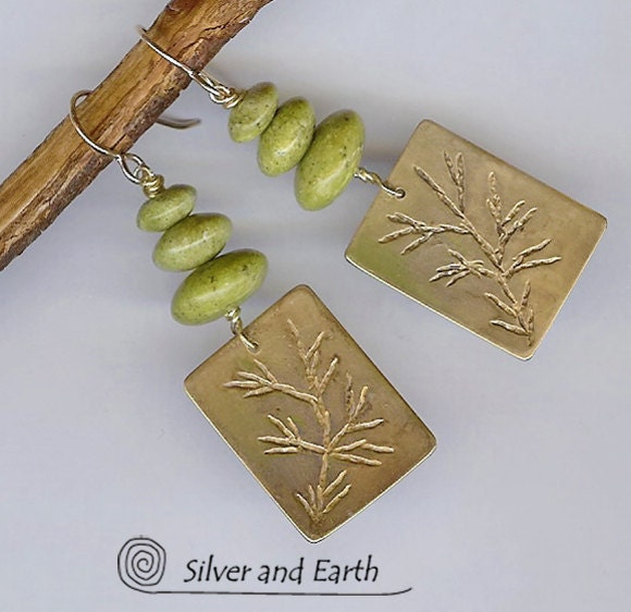 Nature Inspired Twig Jewelry - Handmade Brass Earrings with Hand Stamped Twig Pattern and Green Serpentine Stones - Spring Fashion Jewelry