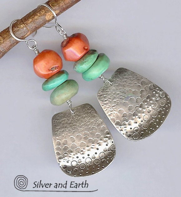 Red Coral and Turquoise Sterling Silver Earrings - Artisan Metalwork Earrings - Bohemian Jewelry - Boho Tribal Jewelry