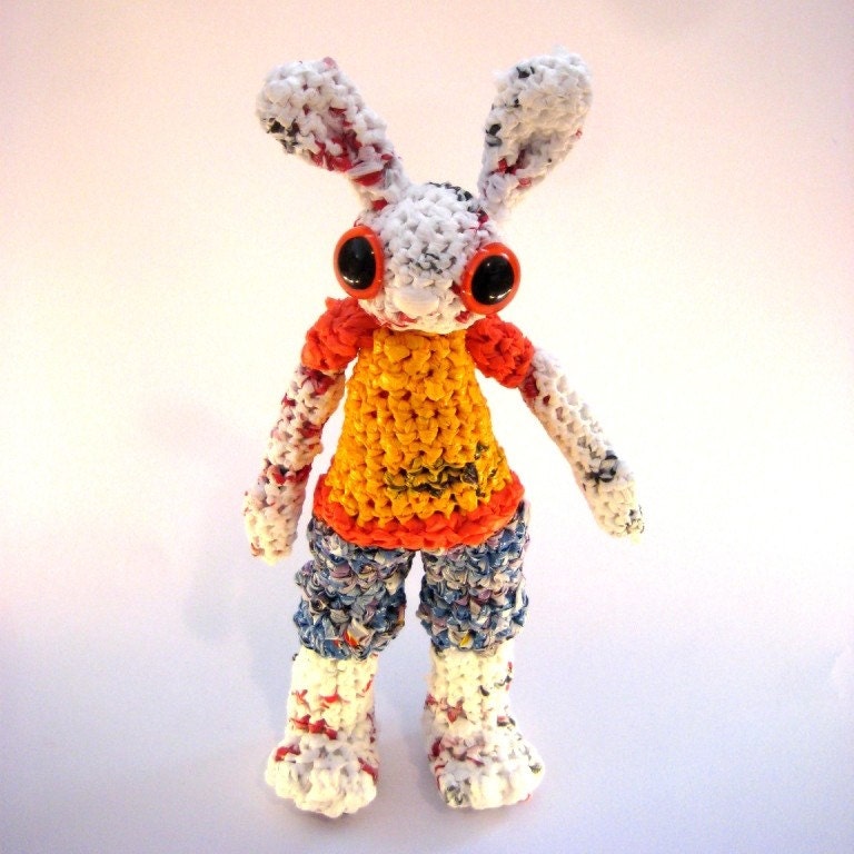Upcycled Amigurumi Doll - Eco Bunny Featured in Stuffed Magazine.