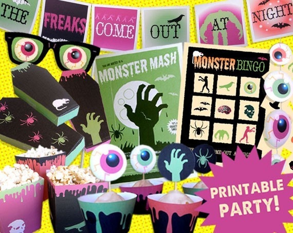 Halloween B-movie Horror themed printable party kit. Includes 12 fun PDF templates/patterns to print & make instantly - by Happythought. Il_570xn
