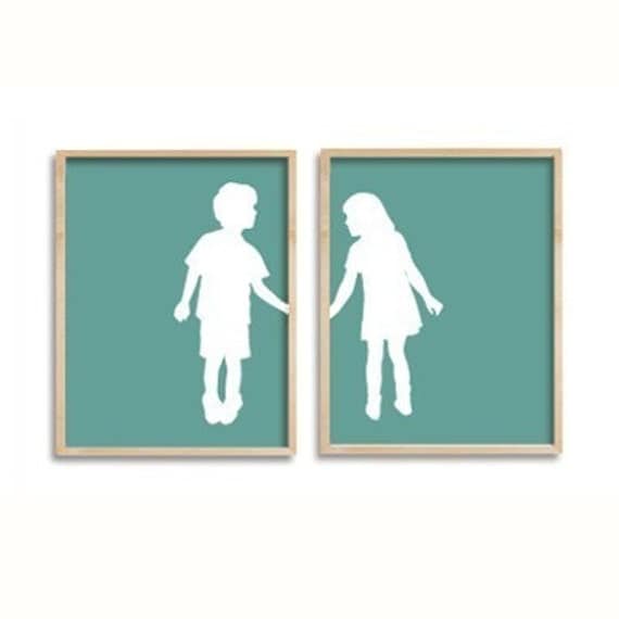 Custom Silhouette children holding hands - double portrait print