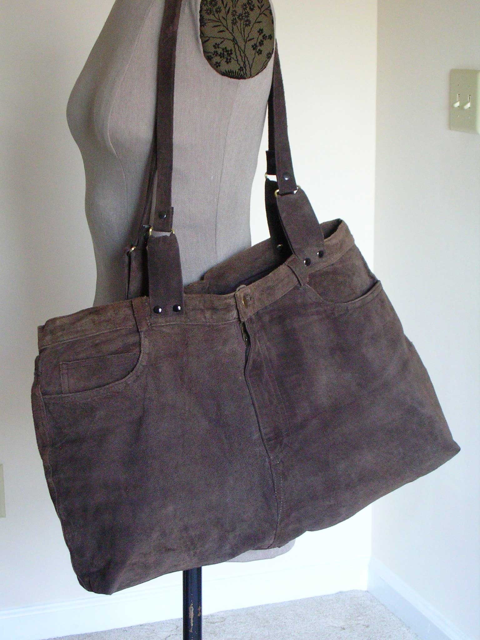 Brown suede shoulder bag upcycled from pants