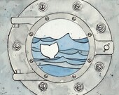 Porthole and Whale Whimsical Illustration Print 5x7