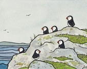 Puffins and Sea Thrift Illustration Print 5x7