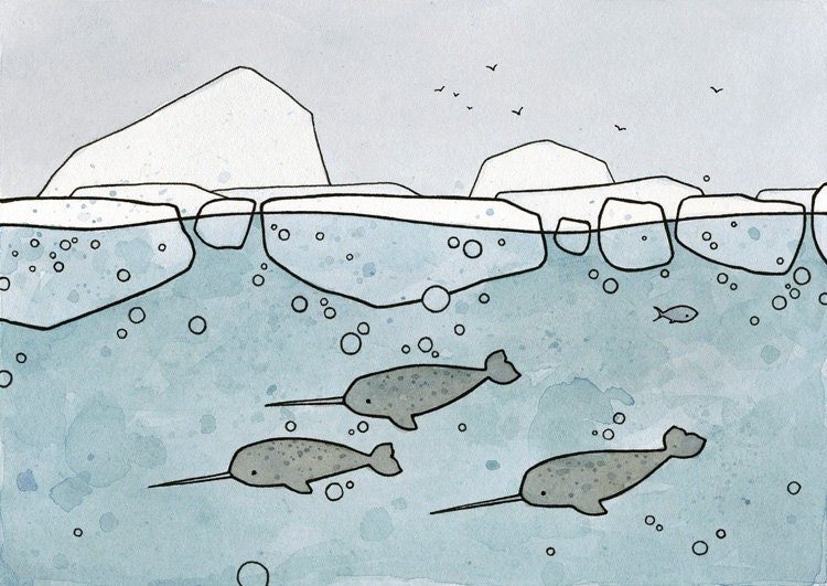 Narwhal art print - whimsical illustration 5x7