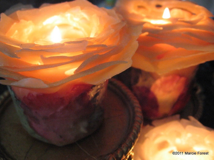 Rose Candle Pillar & Tapers Set - Gifts, Home Decor, Weddings - Pure Beeswax, Roses - Unique Eco Luxury Candles by Marcie Forest