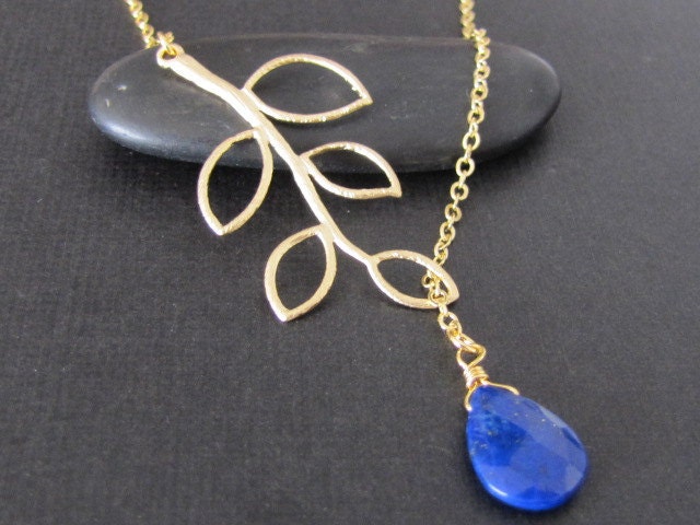 Branch necklace , branch lariat , lapis lazuli lariat in gold (N142) , lapis lazuli necklace