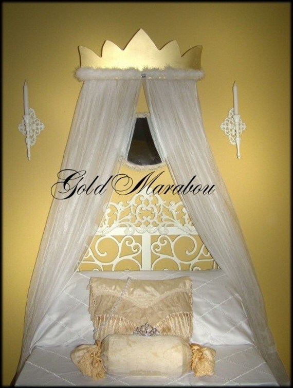 Princess Bed Canopy Crown GOLD White Marabou Mosquito Net Curtains