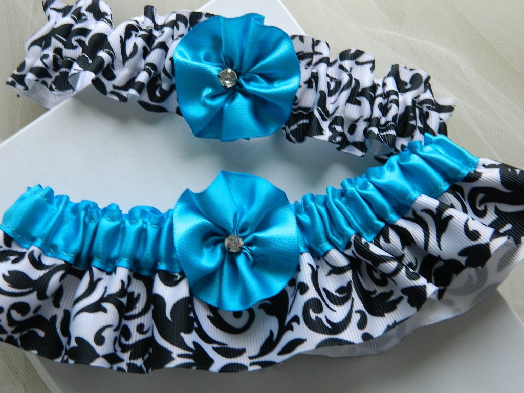 Garter Set,Wedding garter Damask And Turquoise satin
