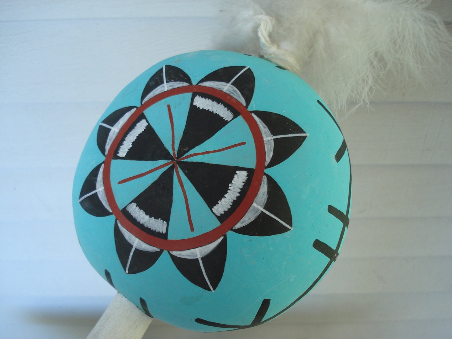 Vintage Native American Gourd Rattle Handpainted Tribal Turquoise Feathers