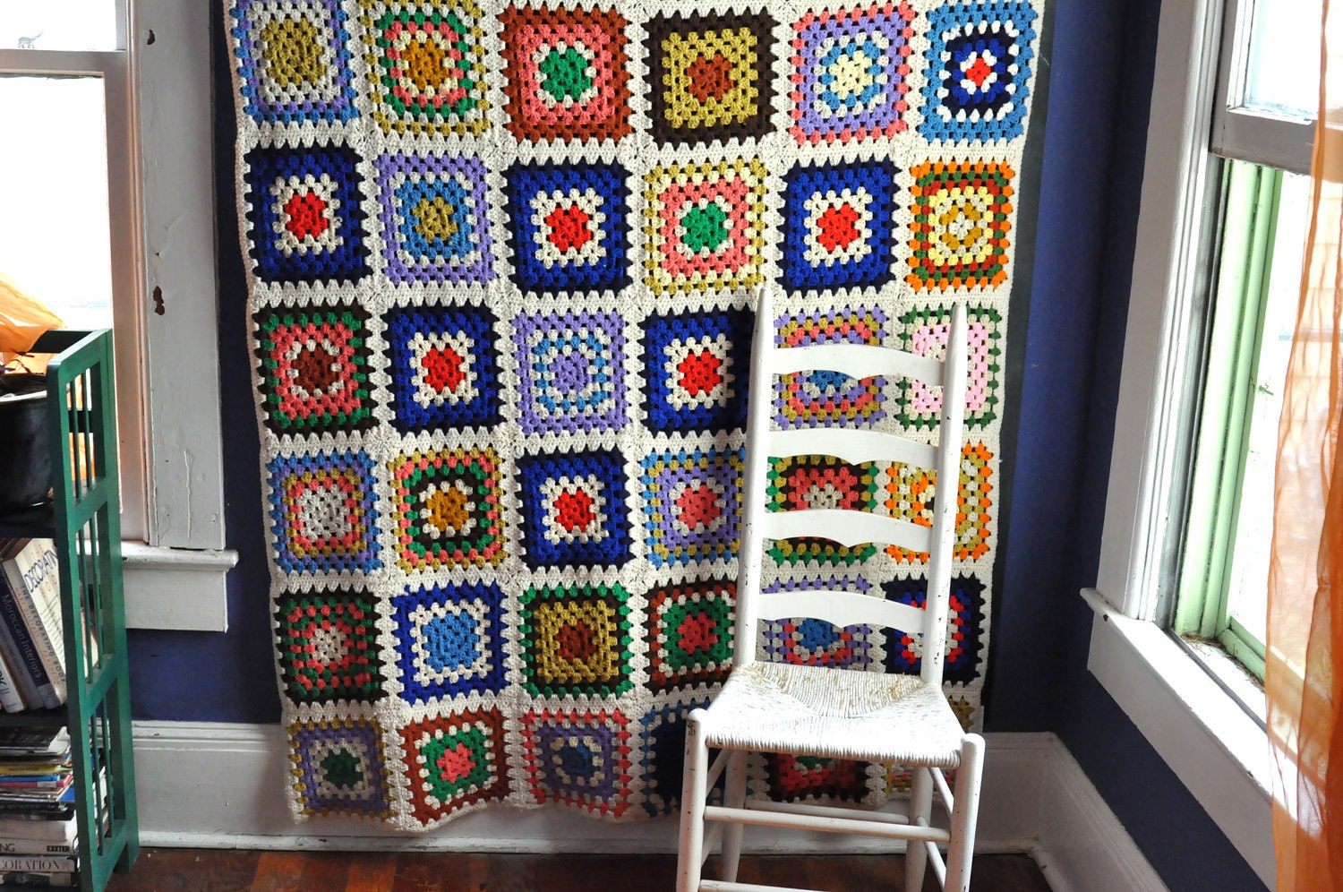 Vintage 70s Afghan Blanket Colonial America Granny Squares