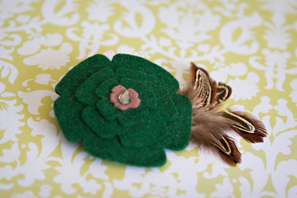 Dark Green felt flower w/ brown quail feathers hair clip